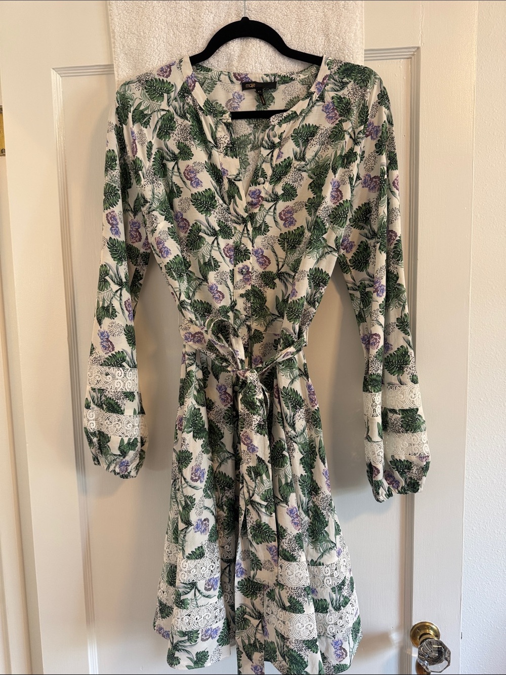 Maje Roman Dress Tropical Print Lace Trim Mini Dress EU 42 US 10